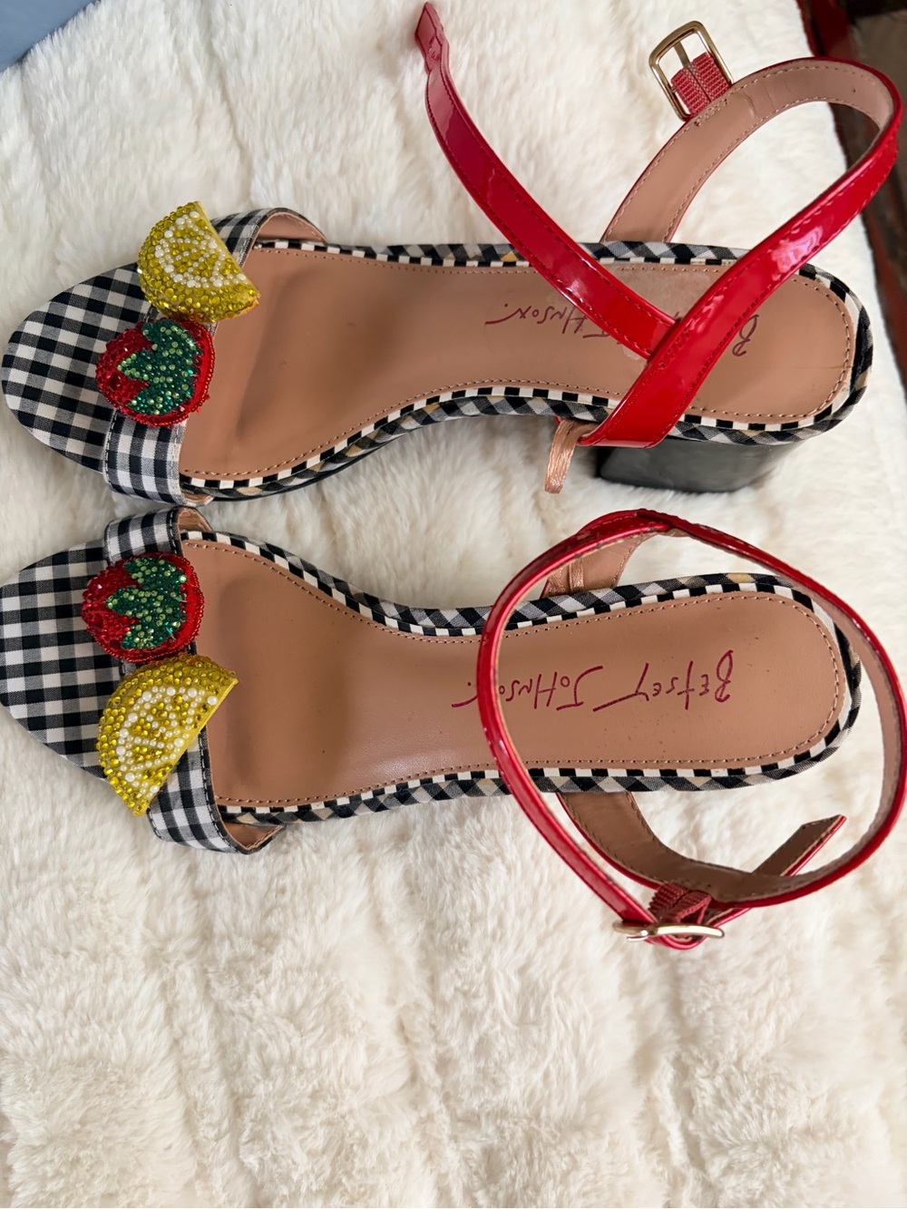 BETSEY JOHNSON Gingham Beaded Fruit Block Heel Sandals - Red - Picture 6 of 6